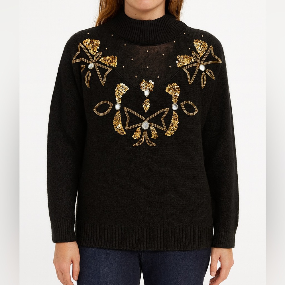 Vintage Work In Progress Black Silk Angora Blend Sequined Sweater Sz Large